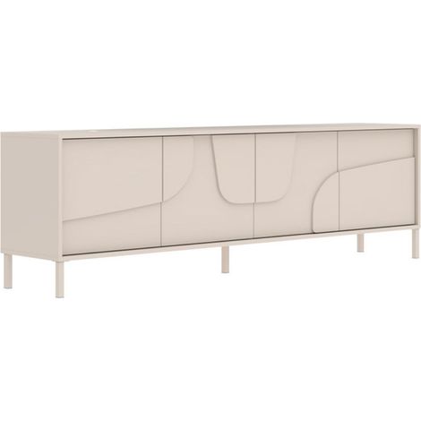 Meuble TV 4 portes laqué beige façade relief piètement métal - EGERIE