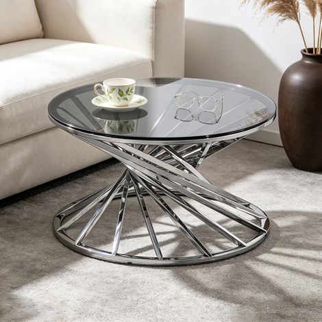 AINPECCA Round Sofa Side Table End Table Stainless Steel with Dark Grey Tempered Glass Design Living Room (silver)