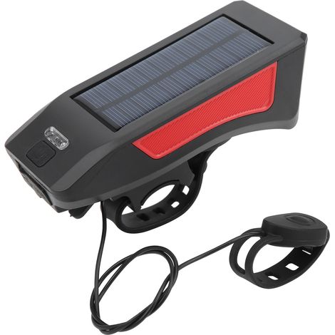 Éclairage solaire pour vélo avec klaxon et 3 LED, lampe frontale étanche pour VTT, noir et rouge.