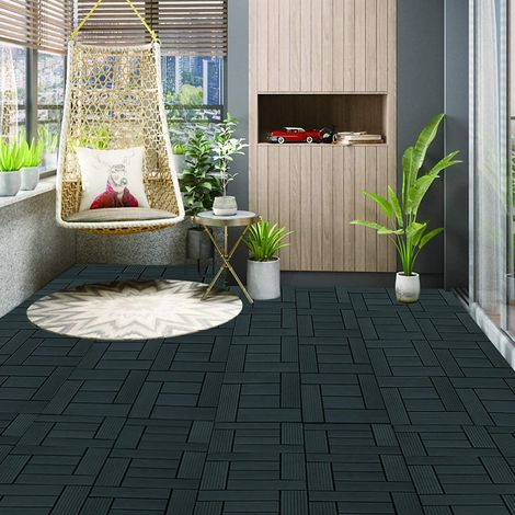 WOLTU 11 Stück WPC Terrassenfliesen Holzoptik, Fliese klicksystem Terrassendielen Bodenfliese Klickfliese Bodenbelag (1 m²) Anthrazit (1/4)