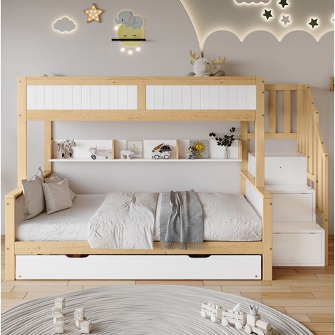 MEUBLIV Etagenbett 90x200 cm Weiß+Natur – mit Stauraumtreppe und Rollbett, ohne Matratze (1/5)