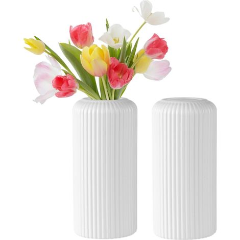 Lot de 2 vases à Fleurs en Plastique à Rayures Modernes Blanc (1/5)