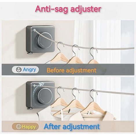 1 Étendoir à linge rétractable, fixation murale, acier inoxydable, tension réglable, intérieur extérieur, noir (1/5)