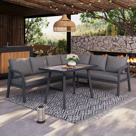 Ensemble jardin 6 personnes canapé d’angle et table,accoudoirs tressés tube acier galvanisé design gris.