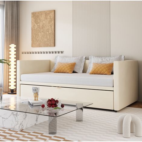 DESVIAE Lit gigogne rembourré 90 x 200 180 x 200 avec sommier à lattes canapé lit extensible en velours beige (1/5)