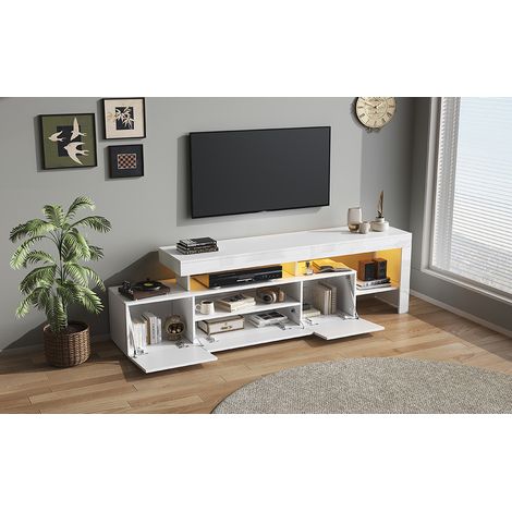 Meuble TV blanc 192x37x53cm avec 3 portes, support télé et console haute brillance, meuble bas LED pour téléviseur jusqu'à 85 pouces, buffet TV et commode. (1/5)