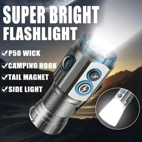 Ultrahelle, wiederaufladbare Taschenlampe, hohe Lichtintensität, für den Heimgebrauch, große Reichweite, tragbare Mini-Multifunktions-LED-Campinglampe, magnetisch.