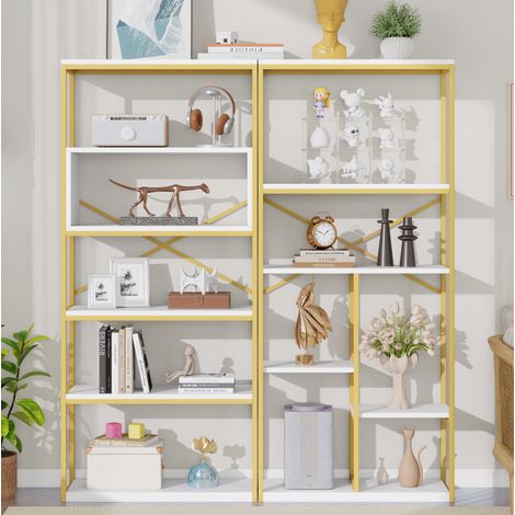 160 x 29.5 x 180 cm Regal im modern-minimalistischen Stil, Stahlrohr + MDF, stabile rechteckige Struktur, gold-weißes Farbschema, leicht zu montieren und zu reinigen, Gold + Weiß (1/4)