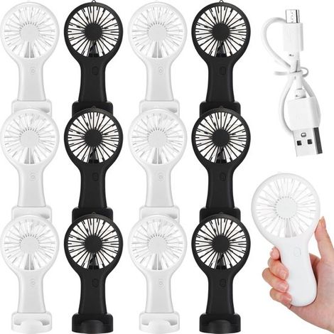 Juego de 12 mini ventiladores eléctricos portátiles USB con batería y cable de datos，Regalo de verano para viajes (blanco y negro，3 velocidades) (1/5)