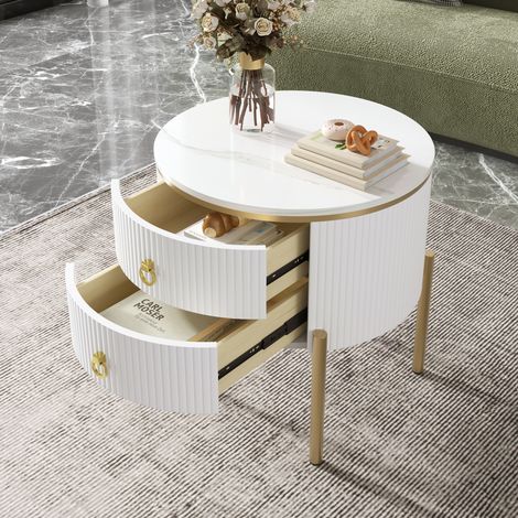 Table Basse Ronde avec 2 Tiroirs, Pieds Réglables, Effet Marbre et Détails Dorés, pour Salon, MDF, Blanc, 50 x 50 x 51 cm (1/5)