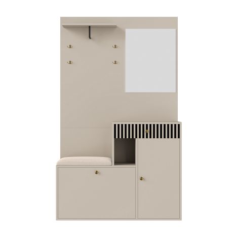 Meuble entrée avec miroir, banc coussin, rangement 110x185,5x37 cm