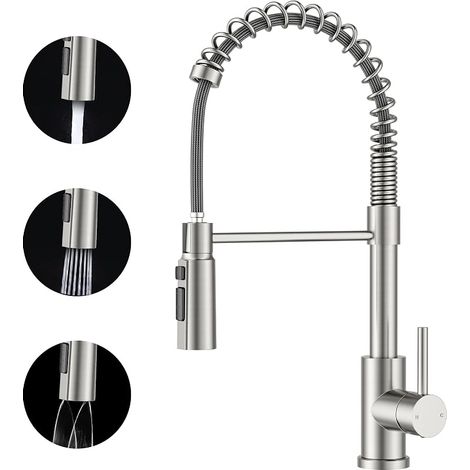 Robinet Cuisine, Robinet Evier Extensible, Mitigeur Cuisine à Poignée Unique avec 3 Modes, Robinet D'évier à Ressort Rotatif à 360°, Acier Inoxydable (1/5)