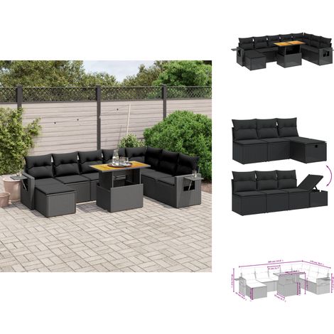 Salon de jardin 9 pcs avec coussins noir résine tressée - Ensemble Salon De Jardin - Mobilier Extérieur - Résine Tressée - Rotin Synthétique - Table Extensible (1/4)