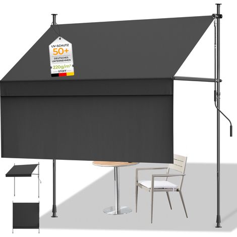 Klemmmarkise mit Einstellbare Handkurbel, Balkonmarkise ohne Bohren mit 90 cm Seiten-gewebe, Markise Sonnenschutz, UV-beständig & höhenverstellbar für Outdoor, Terrasse, Garten, Dunkelgrau, 200x125 cm (1/5)