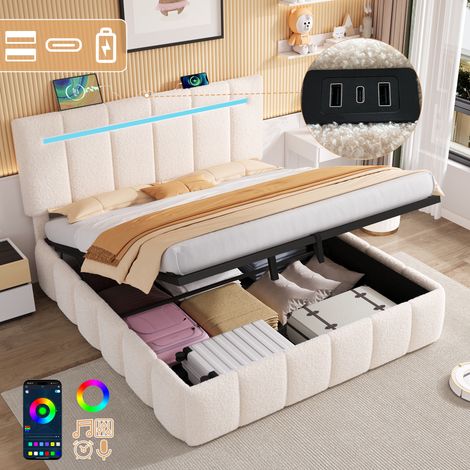 4ft6 Double Upholstered Bed Frame with Hydraulic Storage, LED Channel Tufted Adjustable Headboard with Charging Station, USB and Type - C Ports, Boucle Fabric, Beige (No Mattress) (1/4)