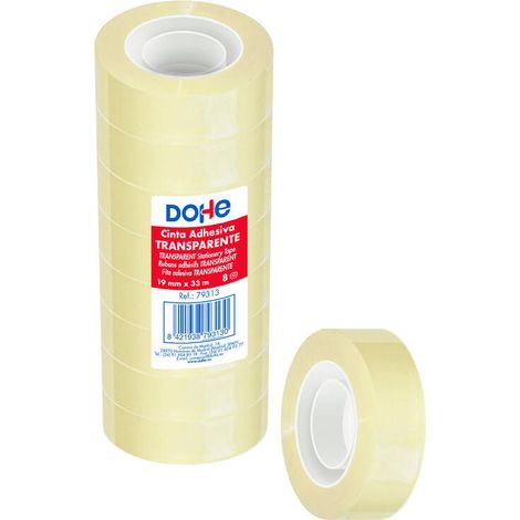 Dohe Pack de 8 Cintas Adhesivas Transparente de Polipropileno 19mm x 33m
Características:
-Cinta adhesiva transparente de polipropileno de 28 micras,