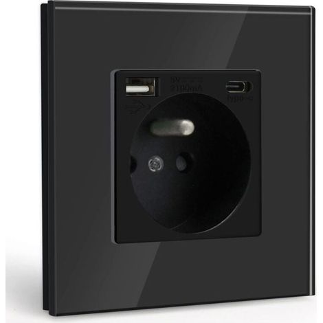 Prise Murale avec USB et 1 Type C,Noir courant alternatif avec Panneau en verre cristal,Multiprise Murale avec USB(max2.1A),convient à la smartphone,à la tablette (1/5)
