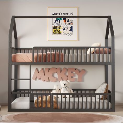 Cama litera casita 90x200 cm de metal negro con escalera frontal, barandillas de seguridad y puerta inferior (1/5)