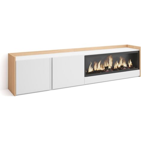 Skraut Home - Mueble TV, Televisión, Muebles de salón, almacenaje, 212x35x50cm, Para TV hasta 80", Chimenea eléctrica XXL, Estilo Moderno, Blanco y roble soft (1/5)