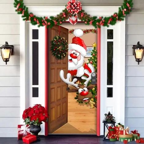 Décoration de porte - Noël - Père Noël et renne - Tissu lavable - 90 x 203 cm - Utilisation extérieure (1/4)