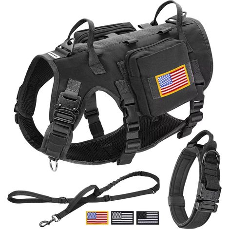 Harnais Tactique pour Chien et Collier de Dressage Facile avec Laisse élastique pour Chien - Harnais Militaire Anti-Traction avec Sac à Dos pour Chiens de Taille Moyenne et Grande - Noir, L (1/5)