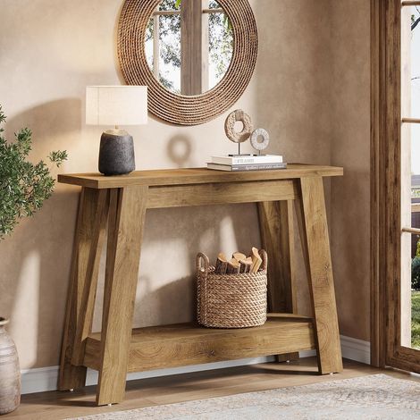 Tribesigns Farmhouse - Tavolo consolle da 105 cm, 2 ripiani, stile rustico, sottile, dietro il divano, per soggiorno, corridoio, ingresso, colore naturale (1/5)
