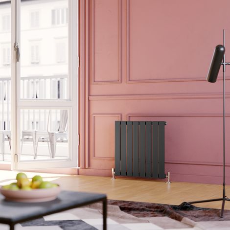 ELEGANT Horizontal Radiator Single Flat Panel 600x608mm Designer Anthracite Radiator with Chrome Thermostatic Radiator Valves (1/5)