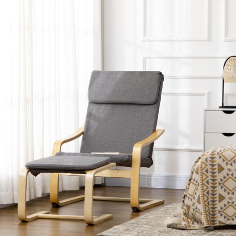 Fauteuil relax gris en lin avec repose-pieds, 66,5 x 80 x 99 cm, structure bois (1/5)