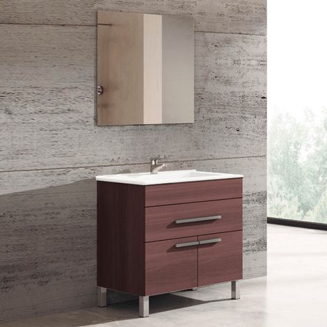 Conjunto mueble de baño Bahia con lavabo y espejo. Se envía montado 90CM seno desplazado a izquierda Fresno Tea (1/3)