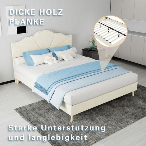 Lit double 140/200 cm beige en tissu et métal avec matelas inclus et tête de lit géométrique (1/5)