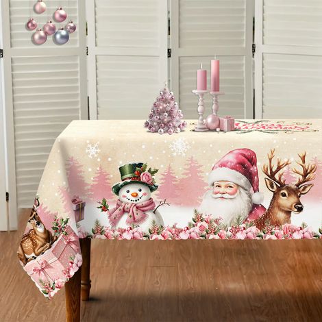 Nappe de Noël Rose Festive avec Motif Père Noël, Bonhomme de Neige & Sapin - Décoration de Fête Vintage, Parfaite pour les Fêtes & Repas, Polyester Du (1/5)