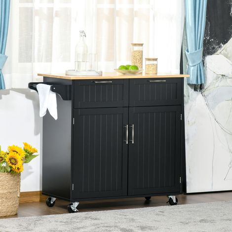 Îlot cuisine - 104x46x91cm - chariot à roulettes - 2 tiroirs - étagères réglables - porte-serviettes - MDF - plateau bois échoucè - noir