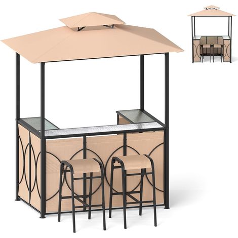 3 Pcs Abri Barbecue avec Bar d'Extérieur,Table de Bar en Verre Trempé, 2 Tabourets, Porte-Verres, Abri de Grill à Double Toit pour Jardin, Piscine, Cour,194 x 121 x 242CM (Café-1) (1/5)