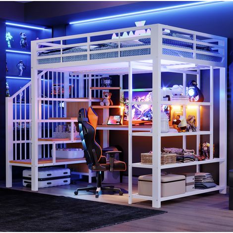 Letto a soppalco multifunzione 254.3x144x172.5 cm, con scala contenitore, LED, prese, metallo e legno bianco (1/5)