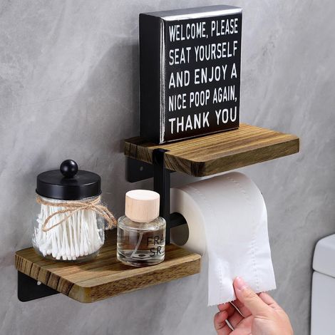 Support Papier Toilette Mural avec Étagère sans Perçage - Porte-Rouleau en Bois pour WC et Bain (1/5)