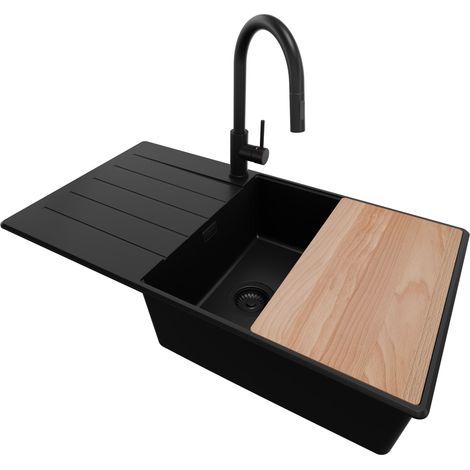 PRIMAGRAN Evier Cuisine en Granit 90x50cm, Lavabo 1 bac + Kit de Vidage + Accessoire, Évier à Encastrer au meuble 60cm - Copenhague, Tout Noir (1/5)
