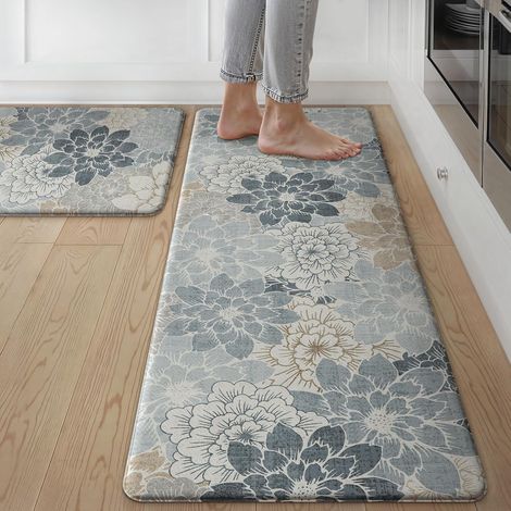 Kitchen floor mat, absorbent and non-slip PVC mat, oil-resistant, washable, long strip mat for winter entryway - Floral design - light blue - 441501.0cm