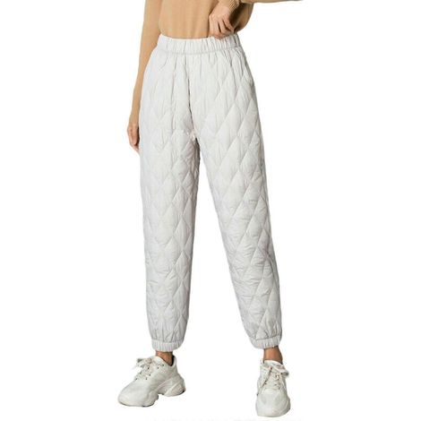 Pantalon de jogging matelassé en coton taille haute pour femme, style jogging, hiver, bouffant, taille haute, motif losanges-XL-White (1/5)
