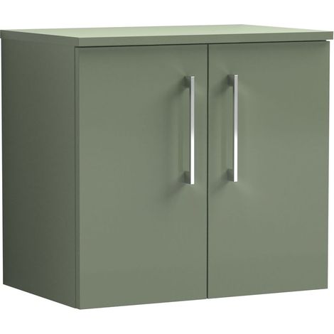 Balterley Bramshall Modern Bathroom 600mm Wall Hung 2-Door Vanity Unit with Worktop, Soft Close Doors, Satin Green