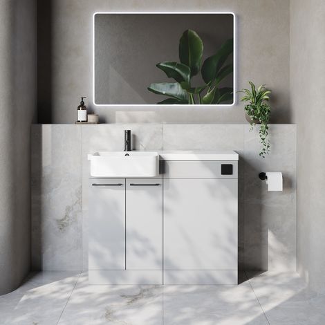 Napoli 250 Gloss Grey Pearl 1000mm 2 Door Vanity Unit Toilet Suite with Left Hand Round Rico Semi Recessed Basin - 1000mm - Matt Black 160mm HandleWithout Kingston Toilet Pan