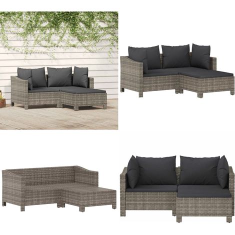3-tlg. Garten-Lounge-Set mit Kissen Grau Poly Rattan - Gartenmöbel - Poly Rattan (1/5)