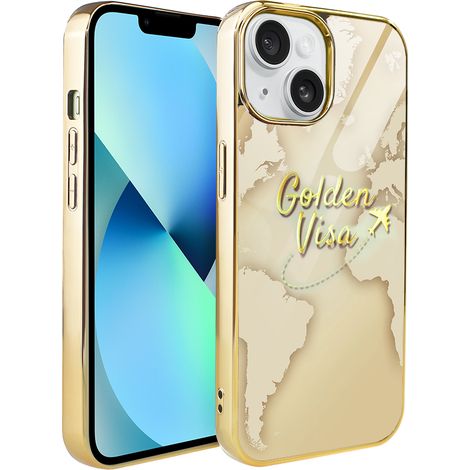 Funda ibizu Elite Glass 3D para iPhone 13, parte trasera de cristal, mapa del mundo dorado con inscripción Golden Visa, dorado (1/5)