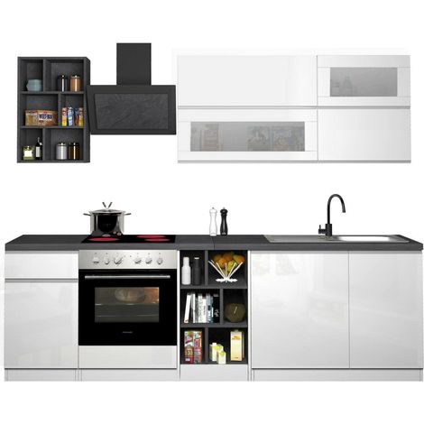 Dmora - Cucina completa Fonti, Set con dispensa, Mobile per cucinotto, Kit blocco lineare, 100% Made in Italy, 255x60h85 cm, Bianco lucido e Ardesia (1/5)