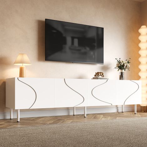 Meuble TV moderne 170x35x50 cm - Avec 4 portes - Pieds cylindriques en métal - MDF - Blanc (1/5)