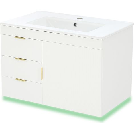Hängender Badschrank 76 cm mit Keramikwaschbecken, MDF weiß Holzoptik, LED-App, Soft-Close (1/5)