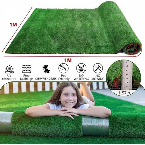 VVBV Gazon artificiel, 100 x 100 x 3 cm, plastique, vert, usage extérieur, drainage, pour terrasse (1/5)