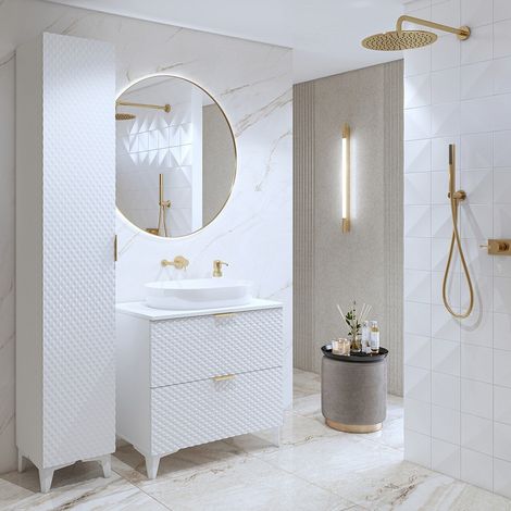 Conjunto de 2 muebles de baño colección CHIC de color blanco y dorado. Mueble bajo lavabo de 80 cm.