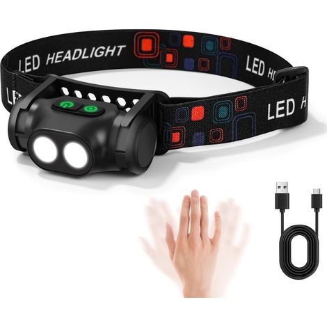 Linterna frontal recargable, linterna frontal LED ultra potente con 3 modos de iluminación, sensor de movimiento, base magnética, linterna frontal LED impermeable IPX4 para acampar, correr y pescar. (1/5)