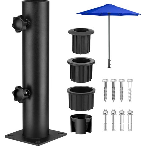 Pied de Parasol, Tube de Parasol, Support Parasol Metal Réglable avec 3 Anneaux de Réduction en PVC pour Mât de Ø 3,2 cm/3,8 cm/4,8 cm, Tube pour Pied de Parasol avec 8 Clous en Acier, Noir (1/5)