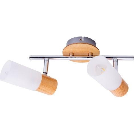 Plafonnier Spot Mural 2 Lumières en Métal et Bois Orientable Douille E14 Longueur 39 cm - PANGIVO (1/5)